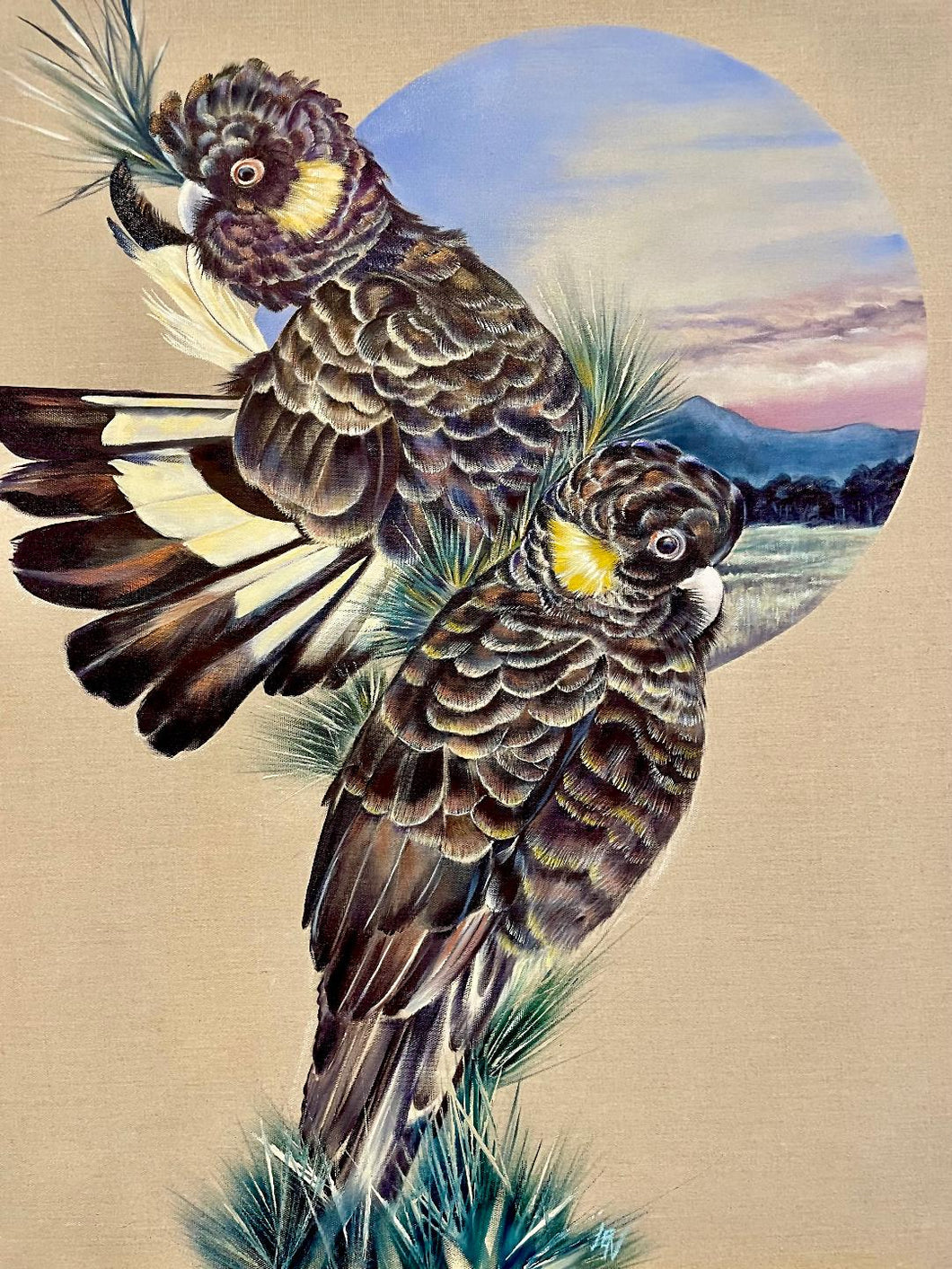 A Crackle of Yellow Tailed Cockatoos - Original Oil Painting
